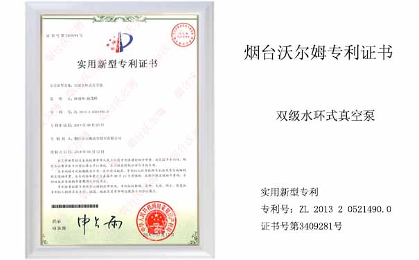 沃爾姆專利證書(shū)：雙級(jí)水環(huán)式真空泵證書(shū)
