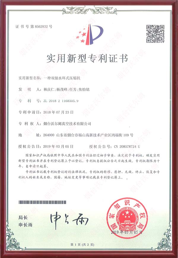 【專利】一種雙級水環(huán)式壓縮機